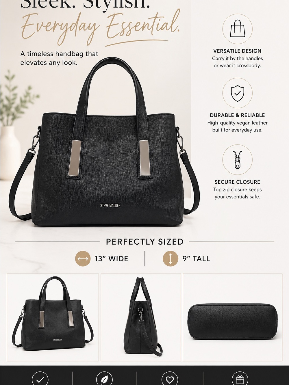 Steve Madden Black Vegan Leather Tote with Silver Accents
